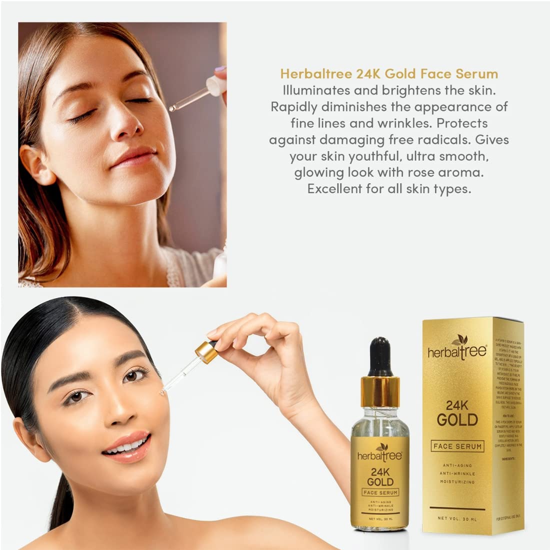 24K gold face serum by Drpshippr in a 30ml bottle, designed for moisturizing, anti-aging, and wrinkle reduction.