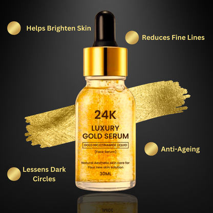 Drpshippr 24K Gold Luxury Face Serum in a sleek glass bottle, designed for radiant skin and skincare luxury.