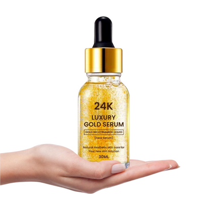 Drpshippr 24K Gold luxury face serum with a glass dropper bottle, designed for radiant, youthful skin in beauty and personal care.