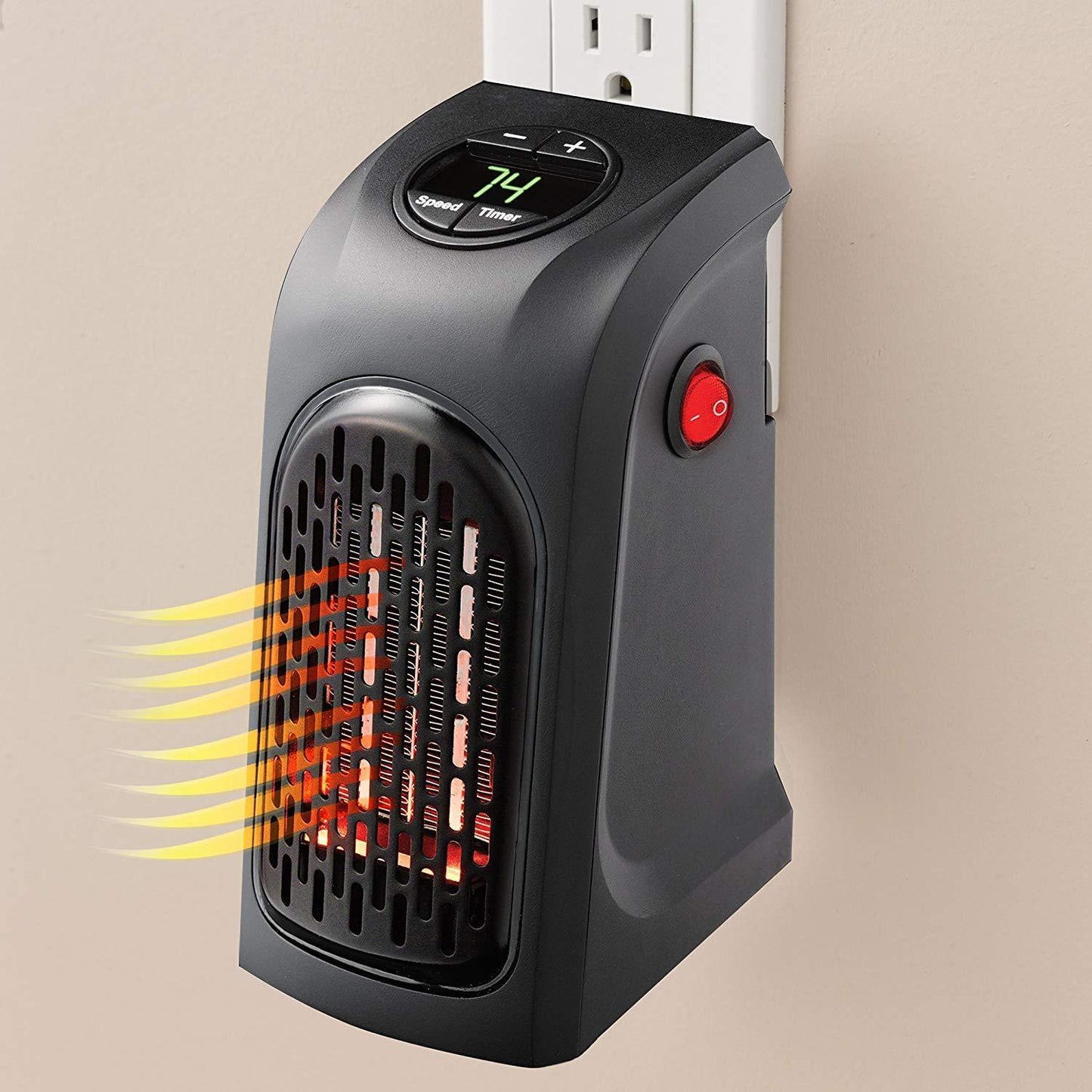Wukusy 251 Electric Mini Handy Heater plugged into wall socket, compact 400W portable space heater for quick warmth.
