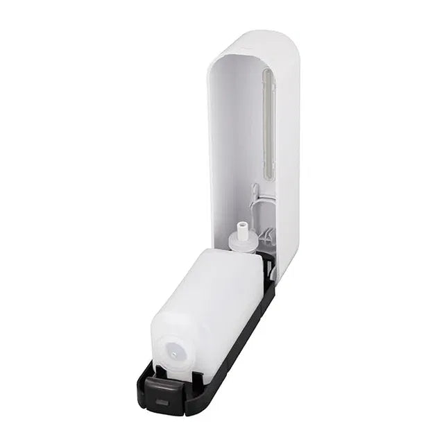 Wall-mounted white liquid shampoo and shower gel dispenser for hotel bathrooms, designed for easy access and secure mounting.