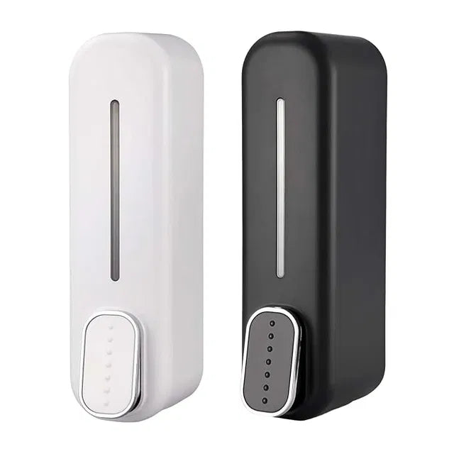 White wall mount liquid shampoo and shower gel dispenser for hotel bathrooms, made by 25509, with a sleek soap holder design