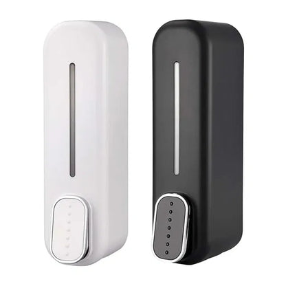 White wall mount liquid shampoo and shower gel dispenser for hotel bathrooms, made by 25509, with a sleek soap holder design