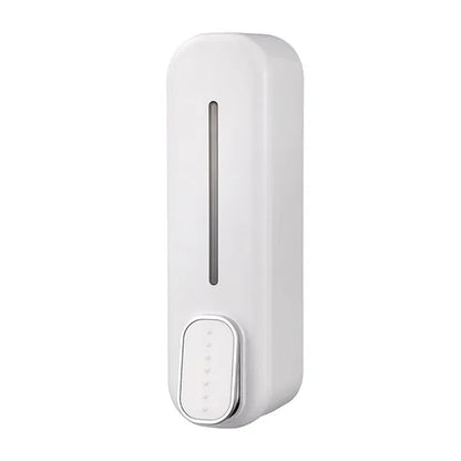 White wall-mounted liquid shampoo and shower gel dispenser for hotel bathrooms, made by 25509, with easy-to-use hand pump.