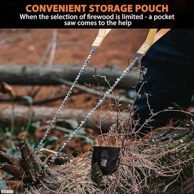Hand gripper and pocket chainsaw from 25544, featuring folding design, grips, and storage pouch for outdoor cutting tools.