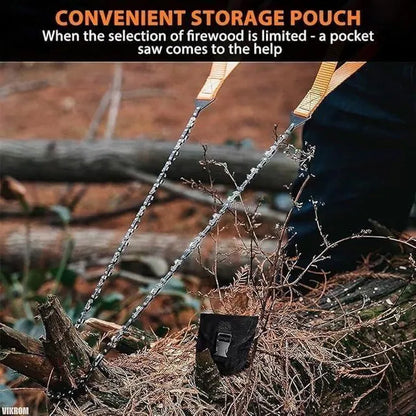 Hand gripper and pocket chainsaw from 25544, featuring folding design, grips, and storage pouch for outdoor cutting tools.