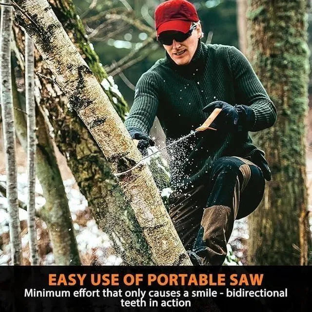 Hand gripper and pocket chainsaw with grips, folding pull saw, and storage pouch from brand 25544, shown with the tools and pouch.