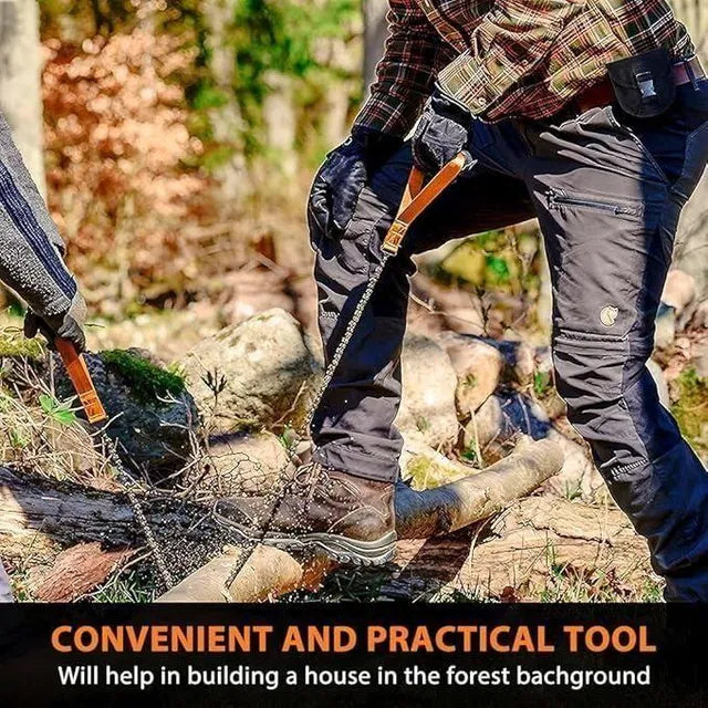 Hand gripper and folding pocket chainsaw with grips, stored in a compact pouch, from the 25544 brand for outdoor cutting tools.