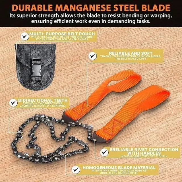 Hand gripper and pocket chainsaw with grips, folding pull saw, and storage pouch from 25544 for portable outdoor cutting tools.