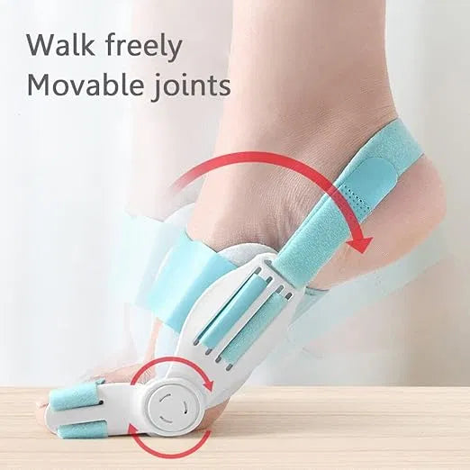Adjustable toe straightener for men and women, shown with a stylish women's anklet and toe ring on a white background.
