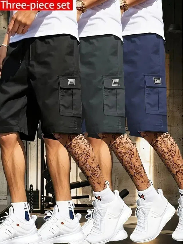 Pack of 3 men's cotton casual cargo shorts in multicolor, featuring versatile design and comfortable fit.