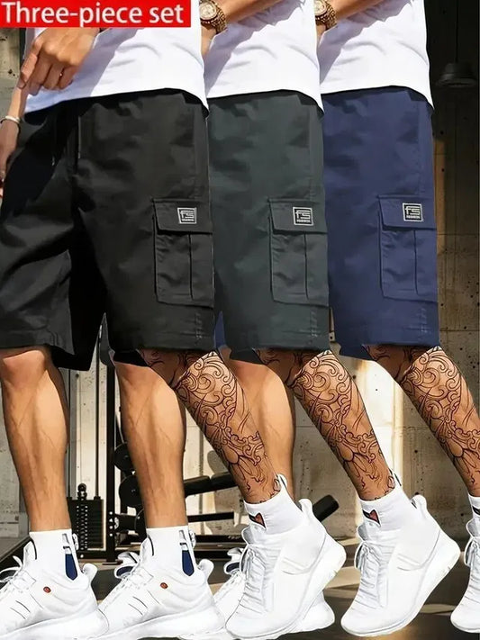 Pack of 3 men's cotton casual cargo shorts in multicolor, featuring versatile design and comfortable fit.