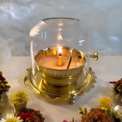 Akhand Diya lamp with glass cover and adjustable wick, traditional diya for festive lighting by 25960.