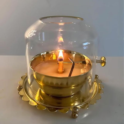 Akhand Diya lamp with adjustable wick and glass, traditional diya for religious or decorative use.