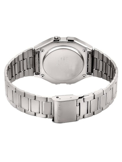 Casio unisex men's digital watch with black band and digital display, showcasing time and date on a sleek watch face.
