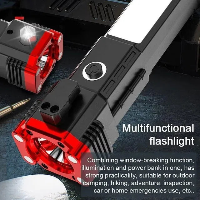 Black 8-in-1 portable rechargeable LED flashlight with multiple light modes, compact design, and built-in handle.