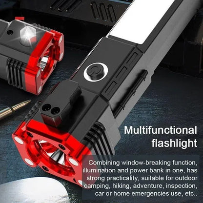 Black 8-in-1 portable rechargeable LED flashlight with multiple light modes, compact design, and built-in handle.