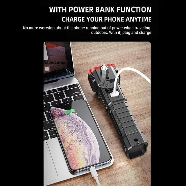 Black 8-in-1 portable rechargeable LED flashlight torch by 25960 with multiple lighting modes and compact design.