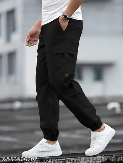 Black men's cargo track pants from 25976, casual athletic pants with multiple pockets and comfortable fit.