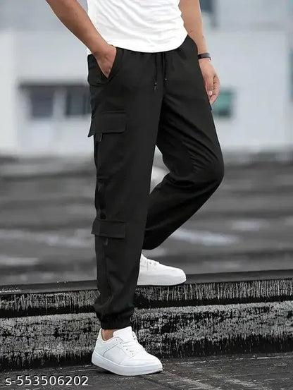 Black men's cargo track pants by 25976, featuring a comfortable fit and multiple pockets, shown in a pack of one.