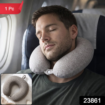 Grey melange U-shaped travel neck pillow by Wukusy with soft support for head and neck comfort during travel.