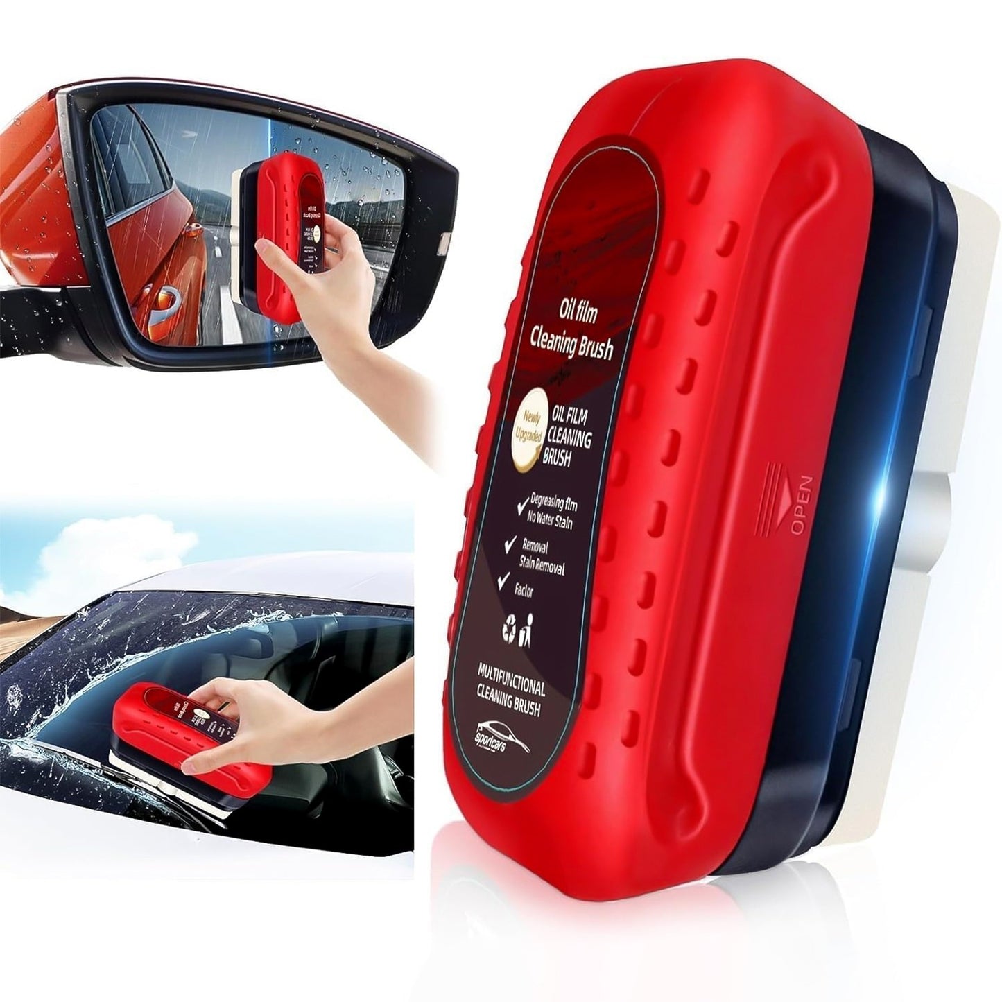 Wukusy 2-in-1 car oil film cleaning brush with ergonomic handle and dual cleaning heads for automotive oil removal and surface wiping.
