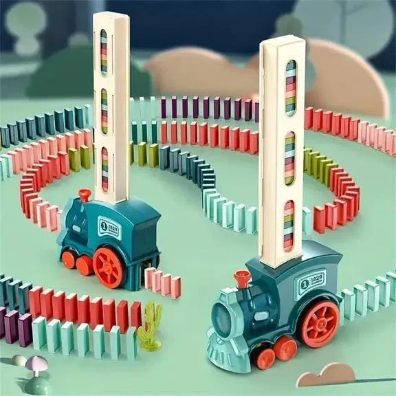 Train toy domino set for kids featuring BPA-free plastic blocks with sound effects, designed for imaginative play and learning.