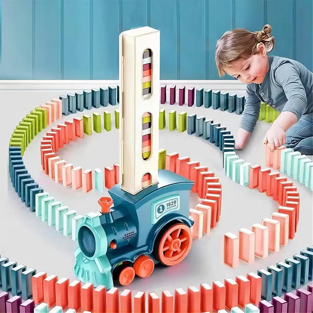 Train toy domino set for kids featuring BPA-free plastic blocks with sound effects, includes colorful train-themed block toys.