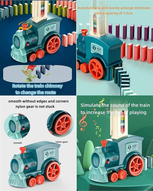 Train toy domino set for kids made of BPA-free plastic with sound effects, featuring colorful block train toys.