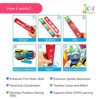 Train toy domino set for kids made of BPA-free plastic, featuring colorful blocks and sound effects for fun play.