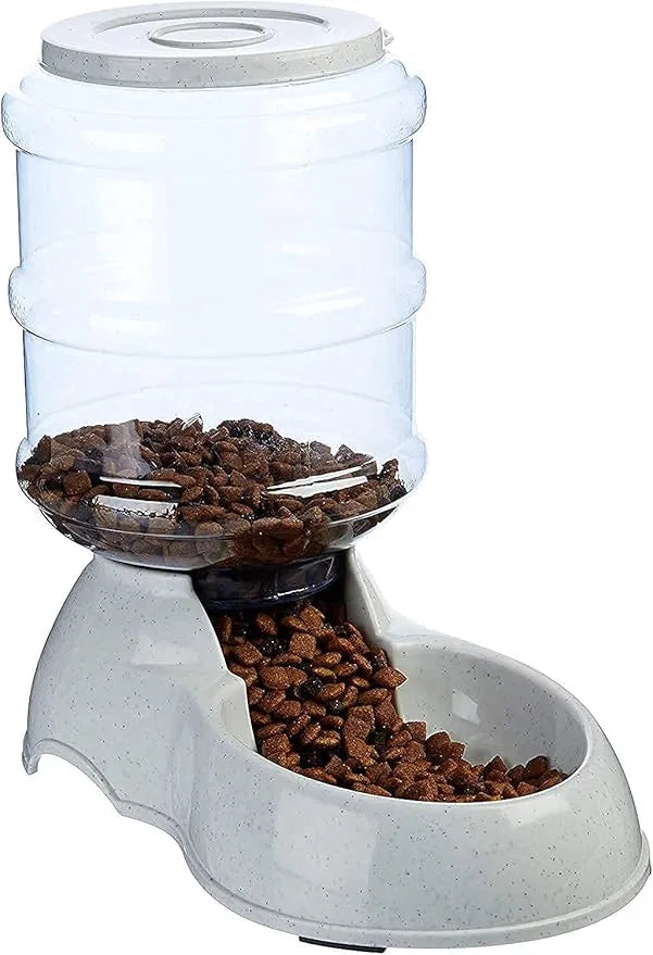 Large capacity self-dispensing pet food dispenser with integrated pet bed, designed for convenient feeding and resting.