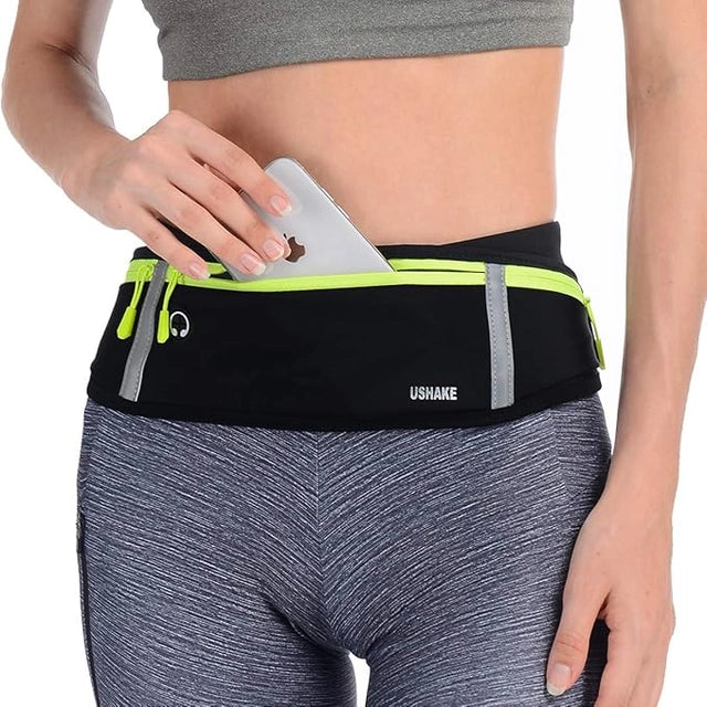 Slim running belt and workout fanny pack for men and women, with an Apple iPhone holder, designed for exercise and outdoor activities.
