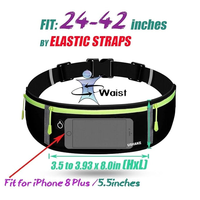Slim running belt for men and women with Apple iPhone holder, lightweight sweat waist pack for exercise and fitness activities.