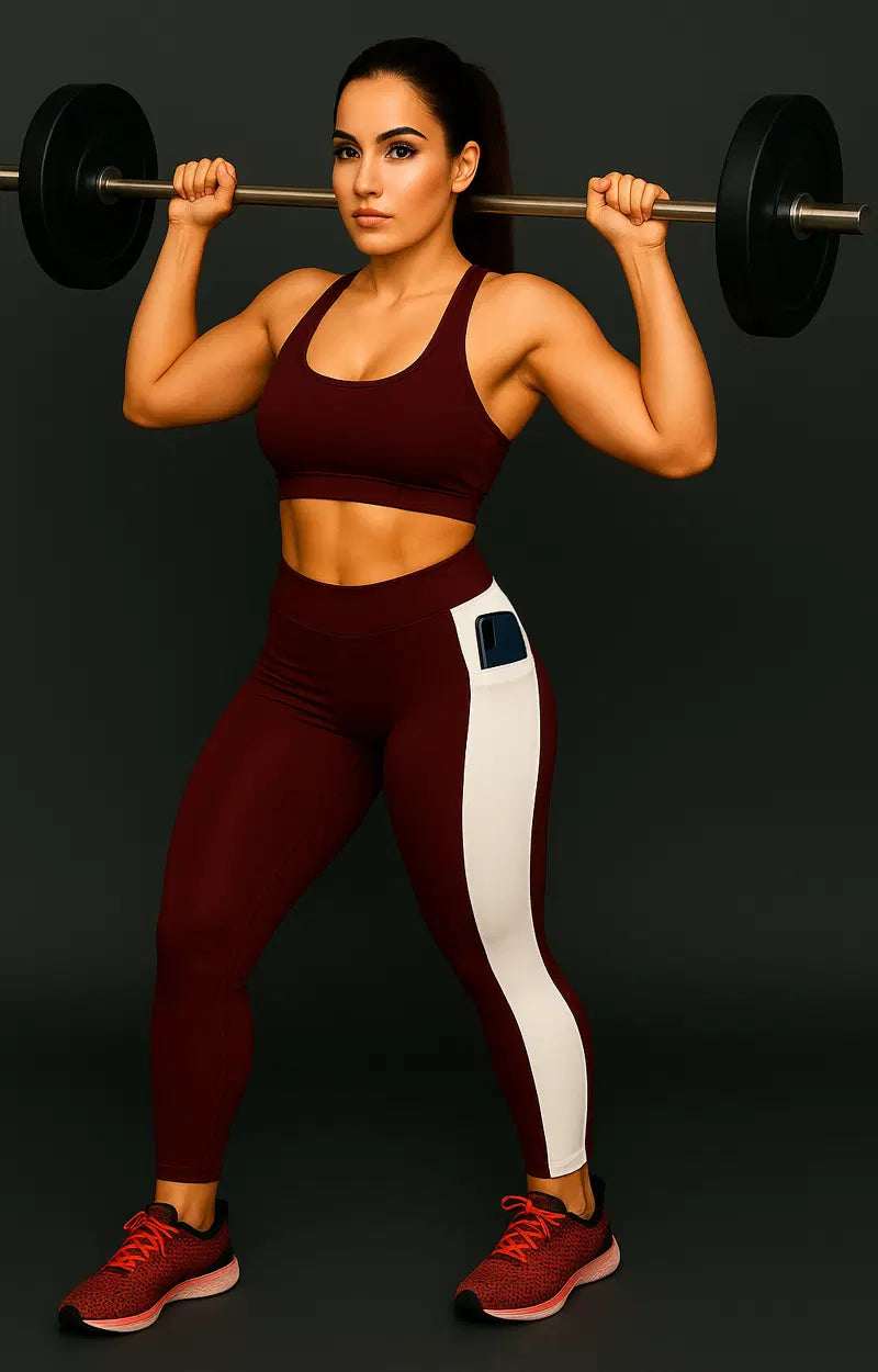 Girls' wine and white yoga pants by 26056, stylish and comfortable women's yoga pants for active wear.