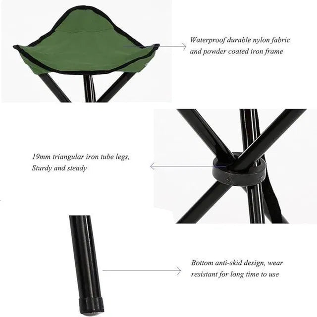 Portable mini tripod stool from 26072 camping survival kits, lightweight and compact for outdoor camping and survival activities.