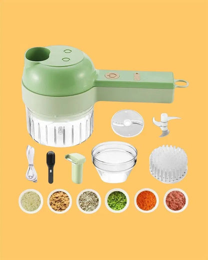Electric vegetable cutter set with egg cutter attachments from 4 in 1 portable kitchen tool by 26072, showing various cutting blades.