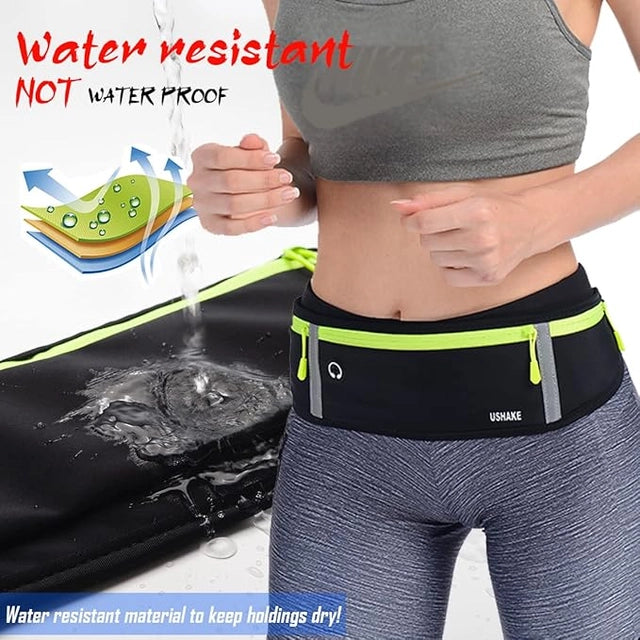 Slim running belt with stretchable waist pack for men and women, holds Apple iPhone during workouts or exercise.