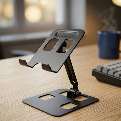 Wukusy adjustable metal mobile stand with a sturdy base and adjustable holder for smartphones or tablets.