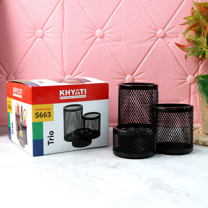 Wukusy Khyati Trio metal mesh pen stand and desk organizer set with three round compartments for office supplies.