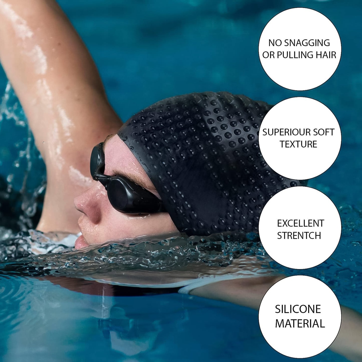 Wukusy premium silicone waterproof swimming cap for sports, featuring a smooth, snug fit ideal for swimming and water activities.