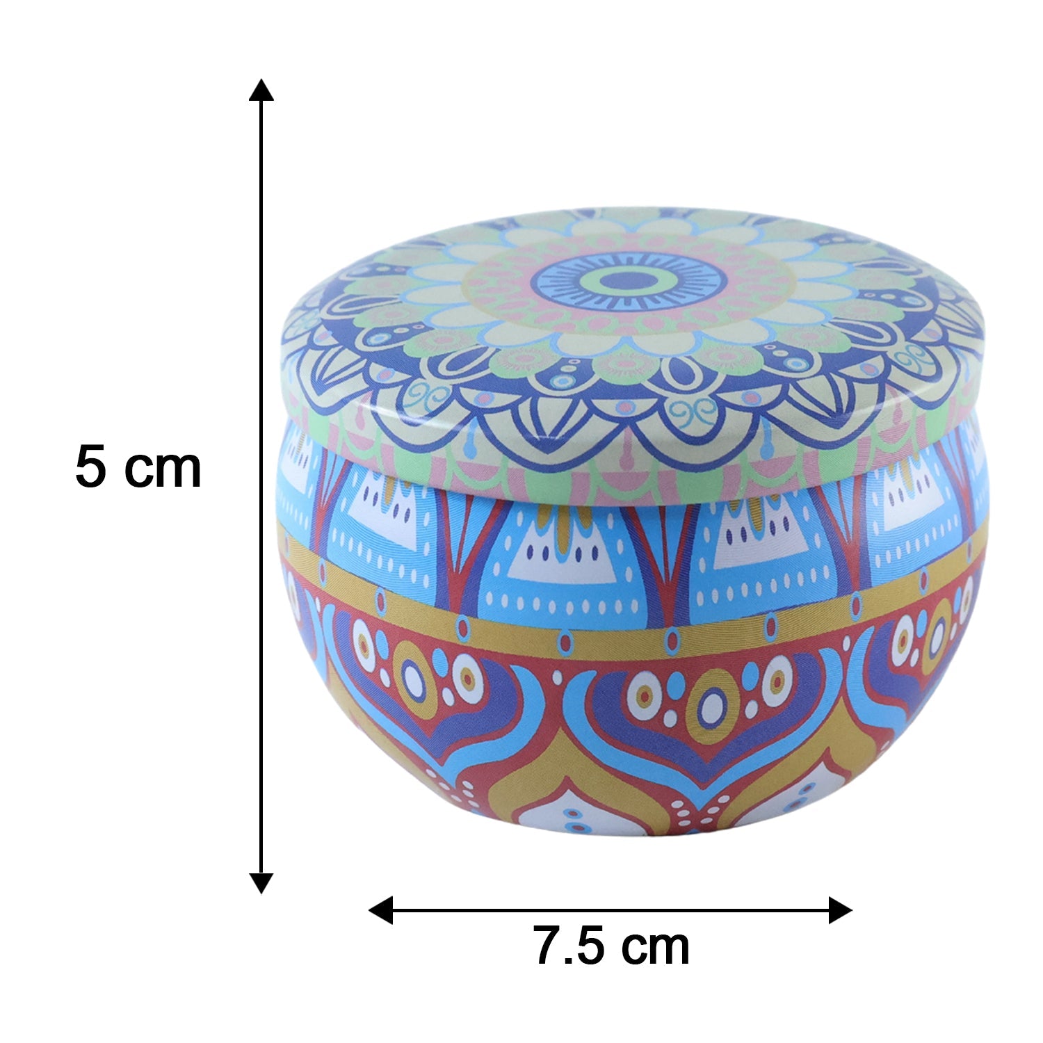 Wukusy metal mandala tin box with decorative round design, used for candles or storing trinkets, on a flat surface.