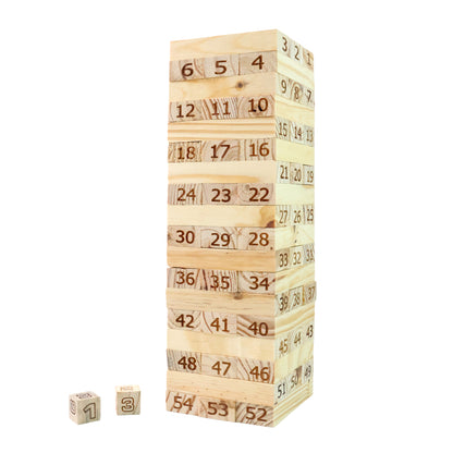 Numbered wooden tumbling tower game set by Wukusy, colorful stacking wooden blocks for fun and skill-based play.