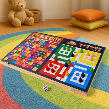 Wukusy wooden game set with Ludo, Snakes and Ladders, and desktop football on a wooden surface.
