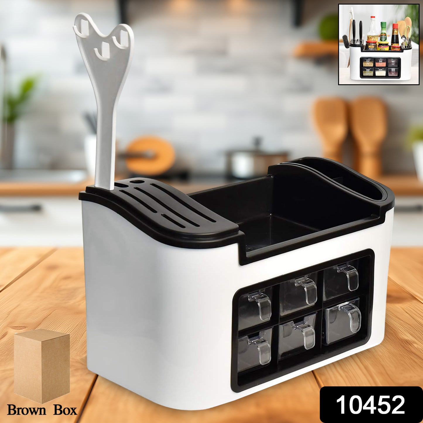 Wukusy multifunctional kitchen storage organizer rack with 6 spice containers, knife and spoon holder, and top shelf for home use