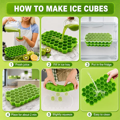 Wukusy hexagon silicone ice cube tray with lid for freezer and drinks, showing colorful ice cubes in a tray.