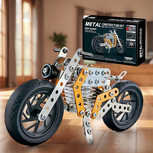 Wukusy metal bike engineering toy kit with 140 parts, including mechanical tools and bike components for creative construction.