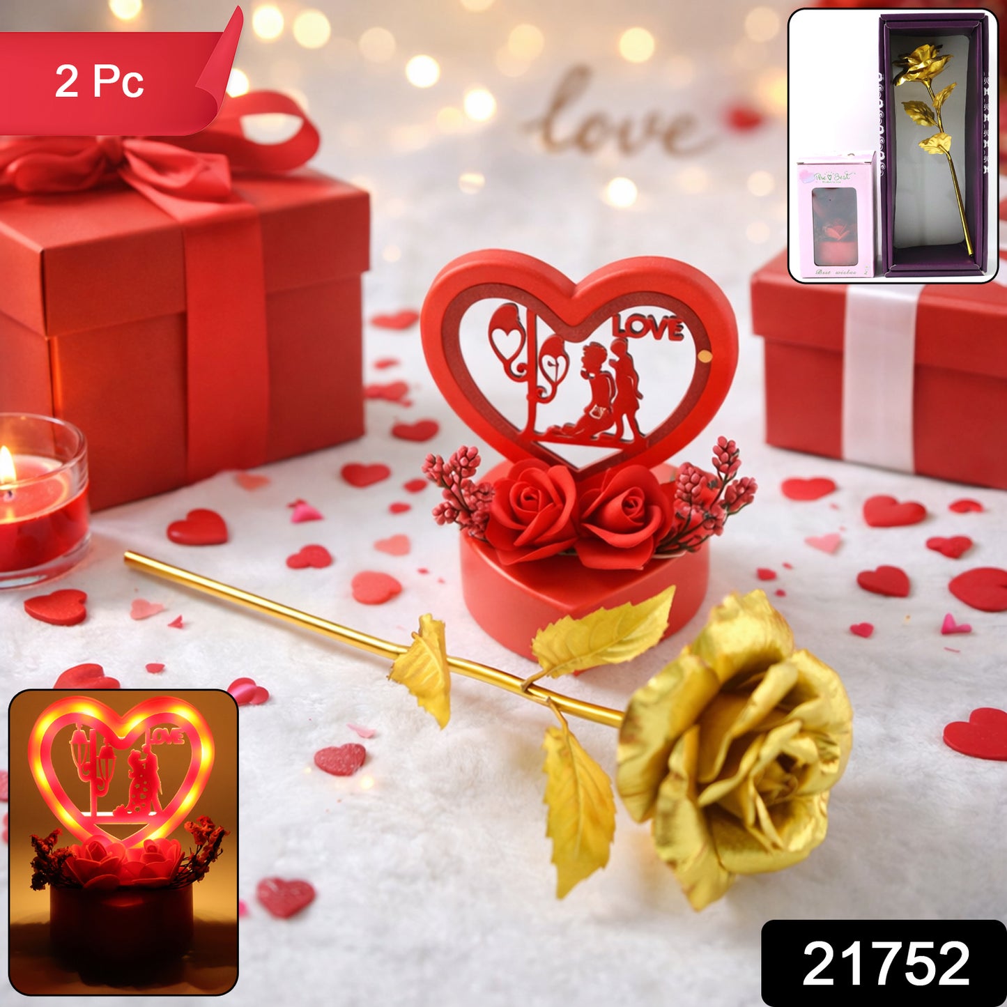 Wukusy Heart Love decorative showpiece with golden rose flower gift set, featuring two elegant, ornate pieces for home decor.