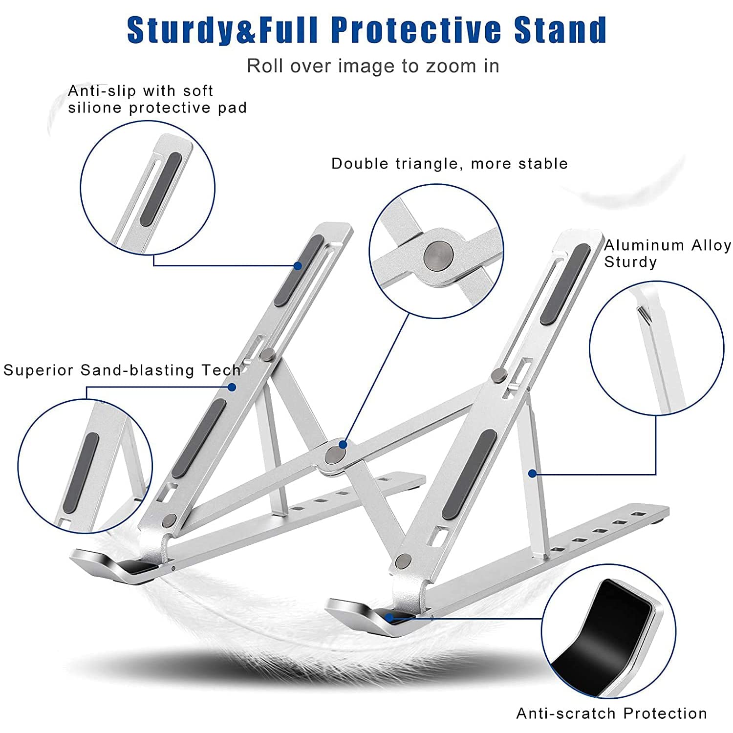 Wukusy metal laptop stand with 6 adjustable angles, portable design, suitable for laptops, phones, and tablets on a home desk.