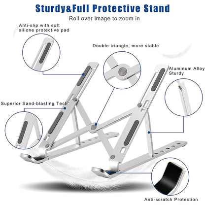 Wukusy metal laptop stand with 6 adjustable angles, portable design, suitable for laptops, phones, and tablets on a home desk.