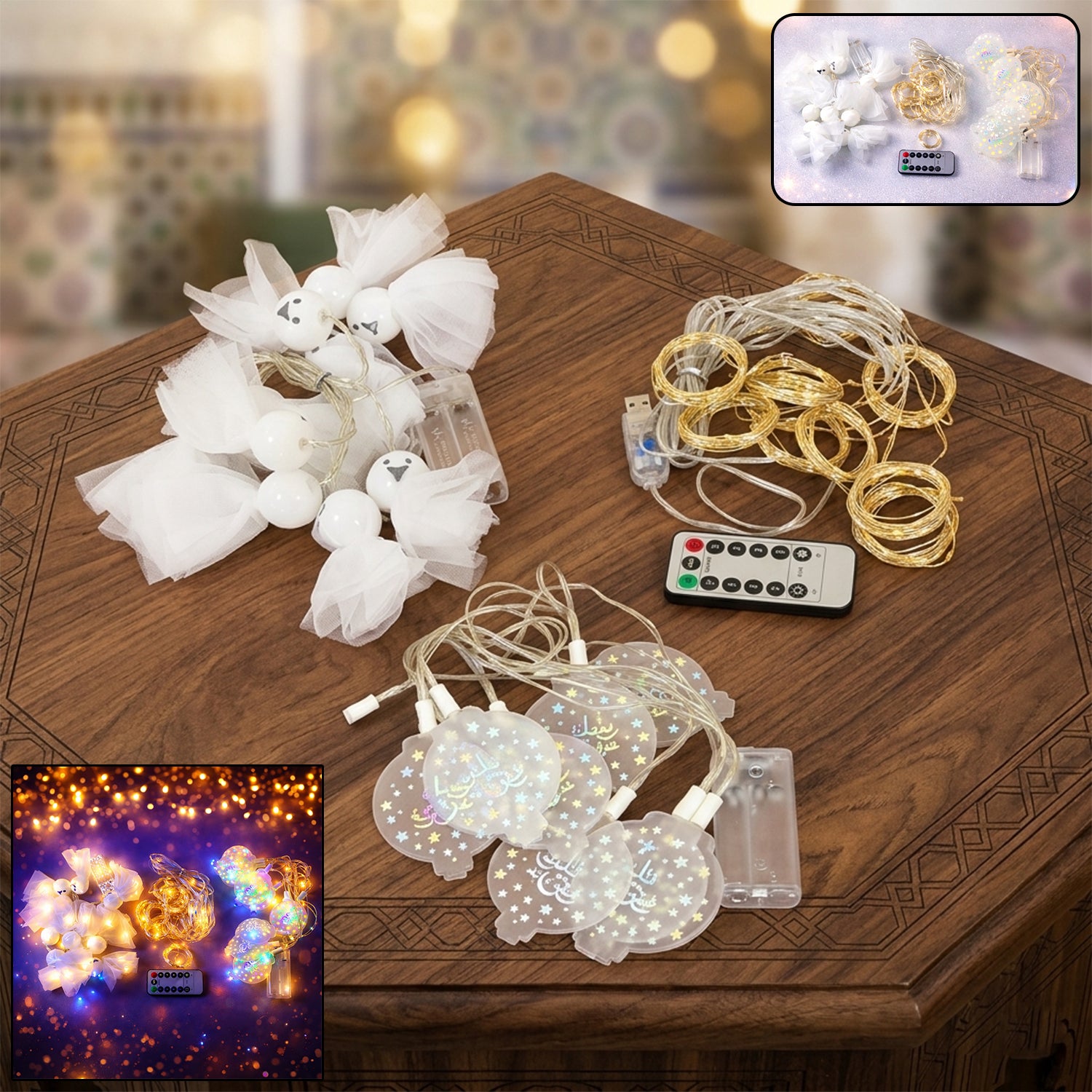 Wukusy decorative LED string light set with mixed design, featuring warm white LED bulbs hanging on a black wire for ambient lighting.